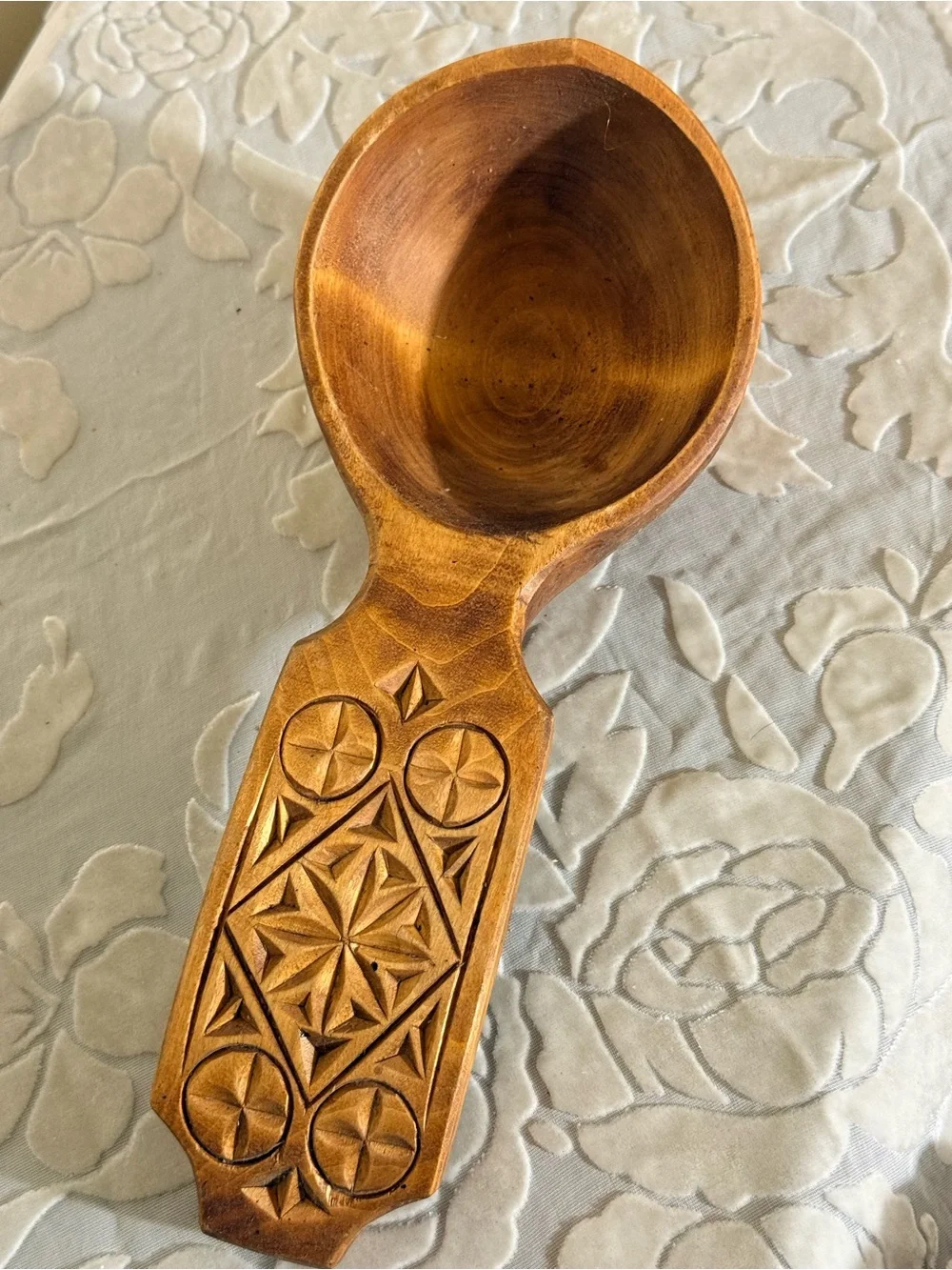 Hand-Carved Wooden Celtic Serving Spoon Ladle in Warm Brown for Decor